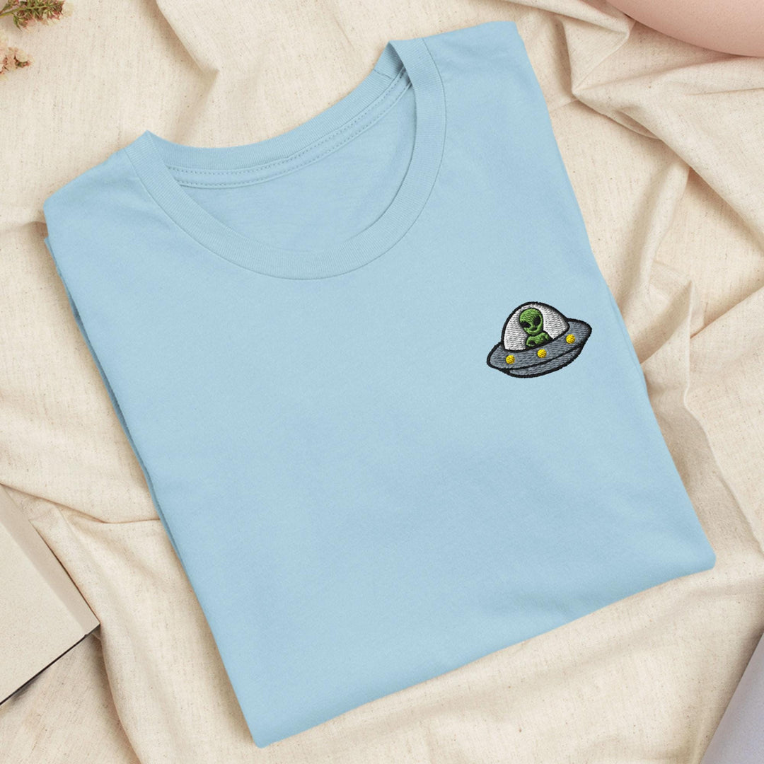 Alien UFO Embroidered T-Shirt: Lightweight Cotton, Unisex Fit