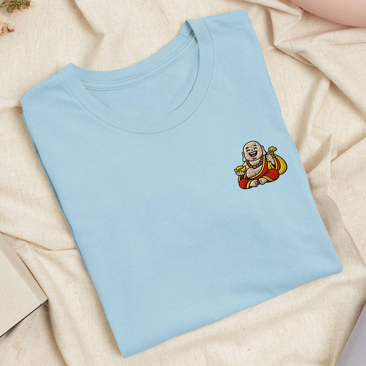 Budai Laughing Buddha Embroidered T-Shirt: Lightweight Cotton, Unisex Fit