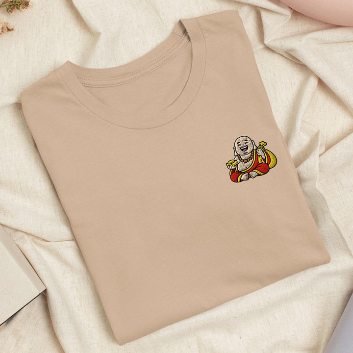 Budai Laughing Buddha Embroidered T-Shirt: Lightweight Cotton, Unisex Fit