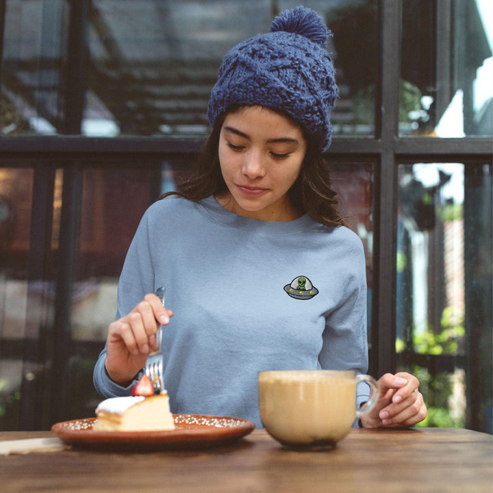 Alien UFO Embroidered Crewneck Sweatshirt: Cotton Blend, Unisex Fit