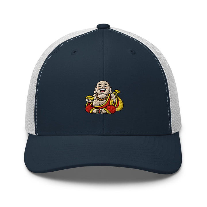 Budai Laughing Buddha Embroidered Trucker Hat: Structured Retro Cap with Mesh Back