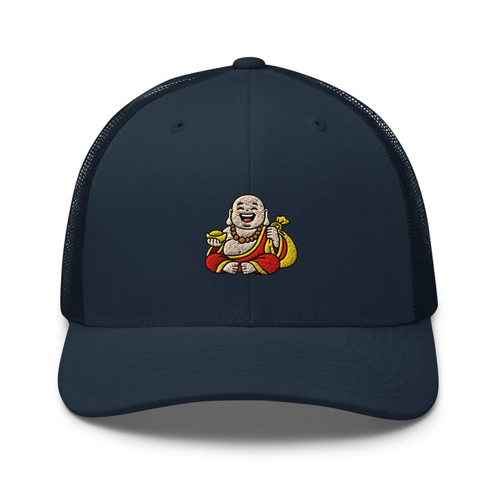 Budai Laughing Buddha Embroidered Trucker Hat: Structured Retro Cap with Mesh Back