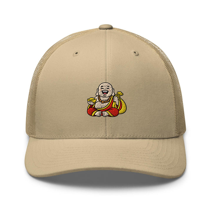 Budai Laughing Buddha Embroidered Trucker Hat: Structured Retro Cap with Mesh Back