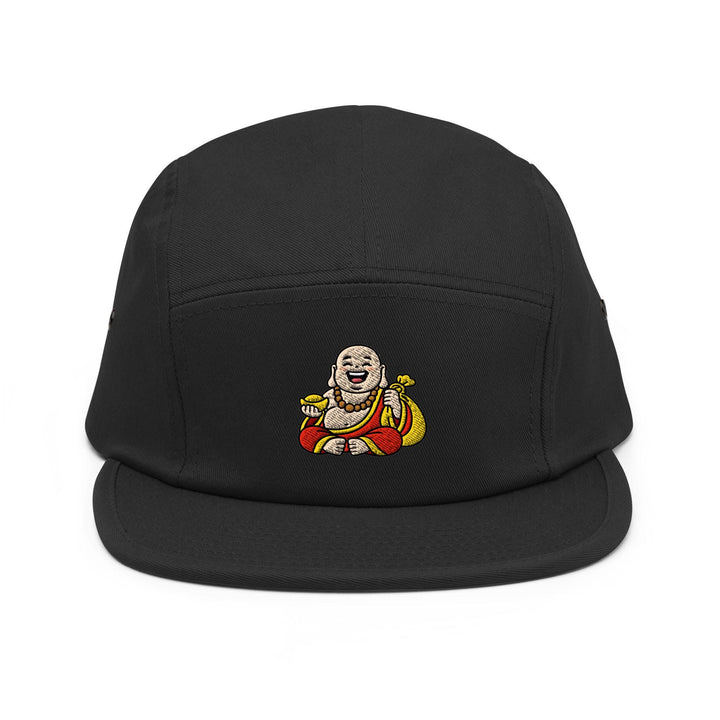 Budai Laughing Buddha Embroidered 5‑Panel Cotton Camper Cap: Adjustable Fit