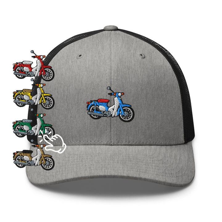 Classic Japanese Commuter Motorbike Embroidered Trucker Hat: Structured Retro Cap with Mesh Back
