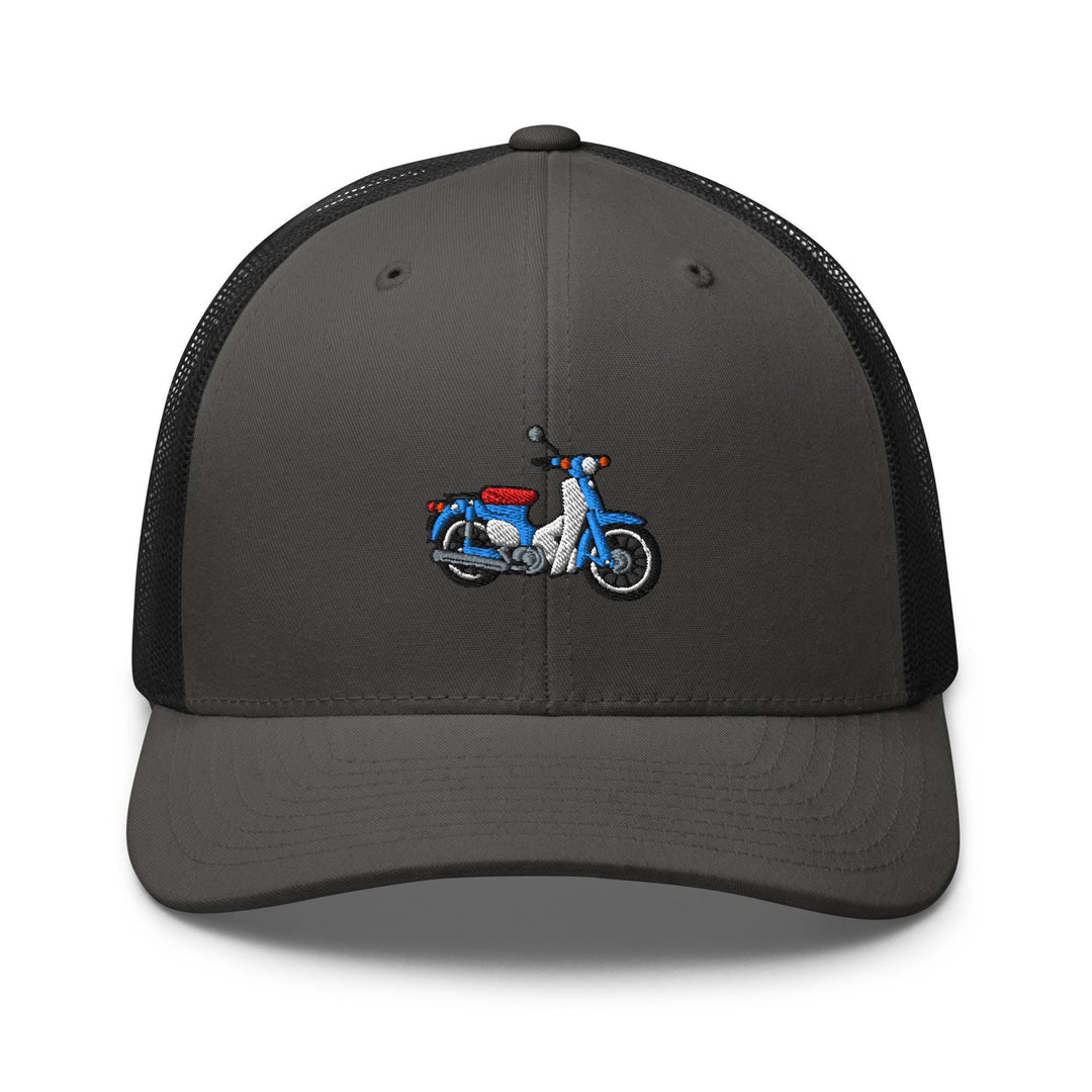 Classic Japanese Commuter Motorbike Embroidered Trucker Hat: Structured Retro Cap with Mesh Back