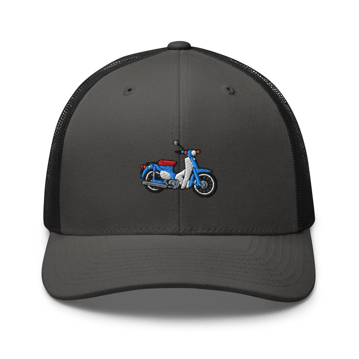 Classic Japanese Commuter Motorbike Embroidered Trucker Hat: Structured Retro Cap with Mesh Back