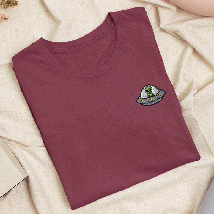 Alien UFO Embroidered T-Shirt: Lightweight Cotton, Unisex Fit