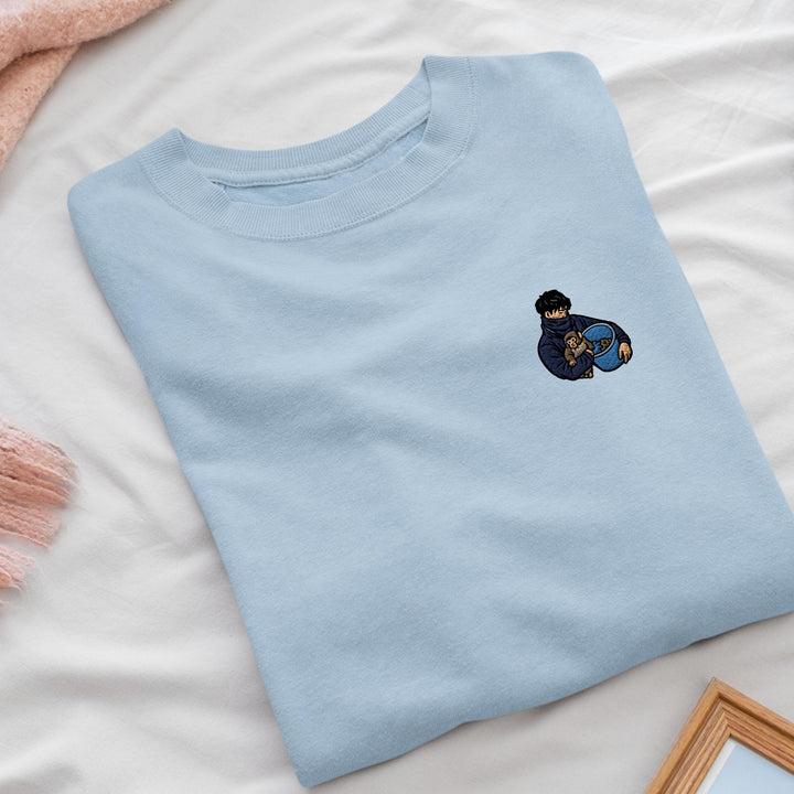 Punch Monkey &amp; His Caretaker Embroidered Crewneck Sweatshirt: Cotton Blend, Unisex Fit