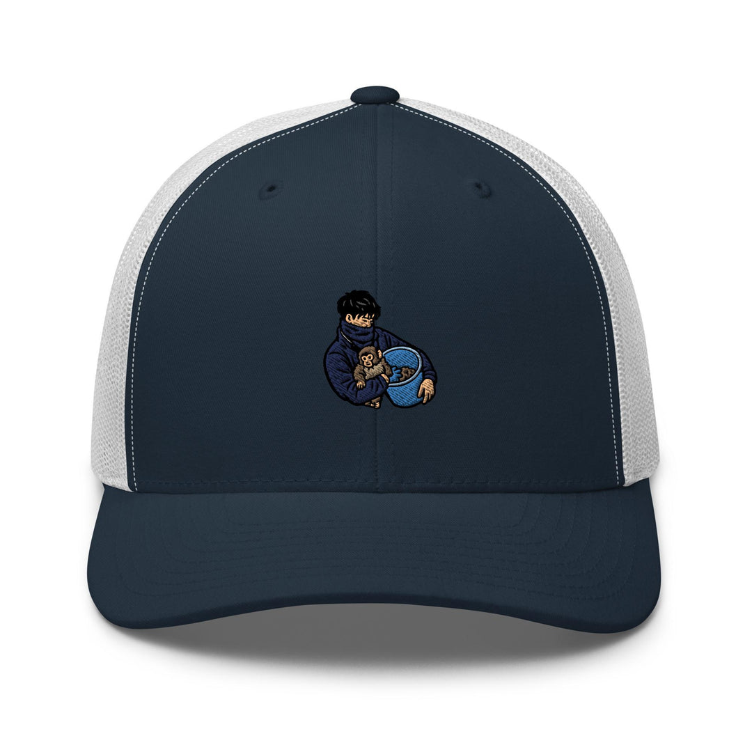 Punch Monkey &amp; His Caretaker Embroidered Trucker Hat: Structured Retro Cap with Mesh Back