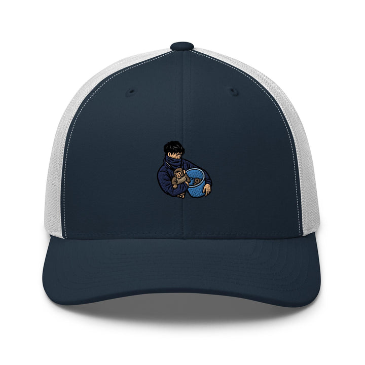 Punch Monkey &amp; His Caretaker Embroidered Trucker Hat: Structured Retro Cap with Mesh Back