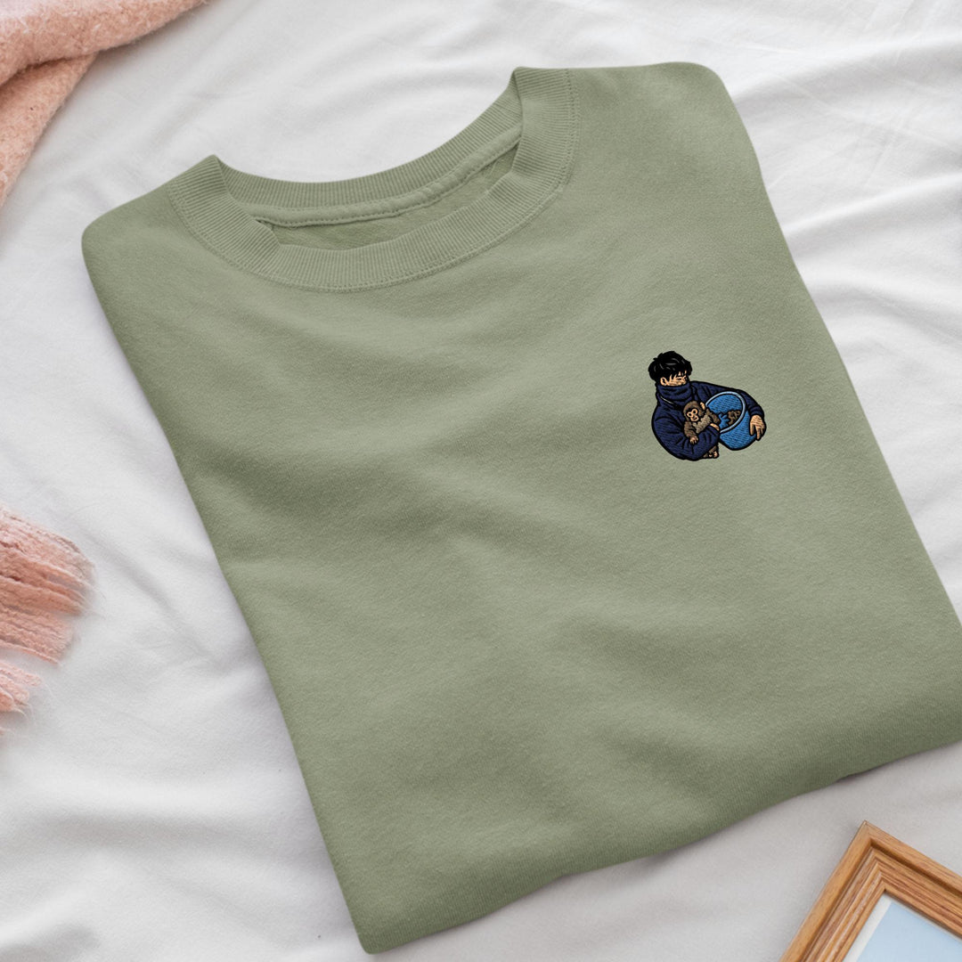 Punch Monkey &amp; His Caretaker Embroidered Crewneck Sweatshirt: Cotton Blend, Unisex Fit