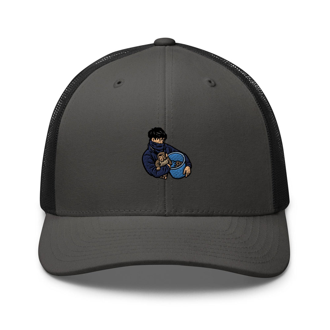 Punch Monkey &amp; His Caretaker Embroidered Trucker Hat: Structured Retro Cap with Mesh Back