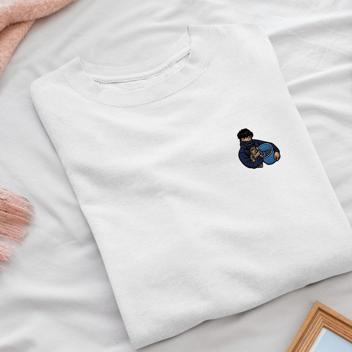 Punch Monkey &amp; His Caretaker Embroidered Crewneck Sweatshirt: Cotton Blend, Unisex Fit