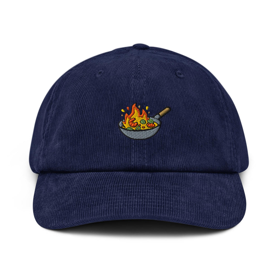 Flaming Wok Embroidered Cotton Corduroy Hat: Adjustable Fit