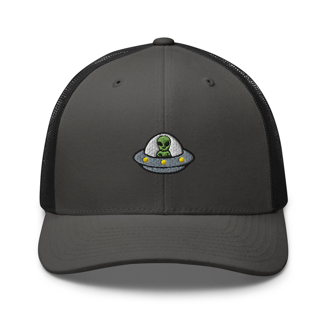 Alien UFO Embroidered Trucker Hat: Structured Retro Cap with Mesh Back