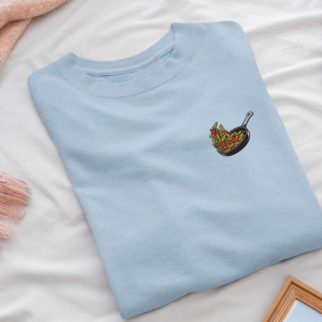 Pasta Tossing Pan Embroidered Crewneck Sweatshirt: Cotton Blend, Unisex Fit