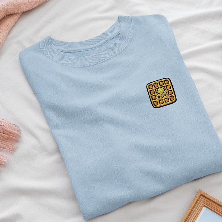 Kawaii Waffle with Butter Embroidered Crewneck Sweatshirt: Cotton Blend, Unisex Fit