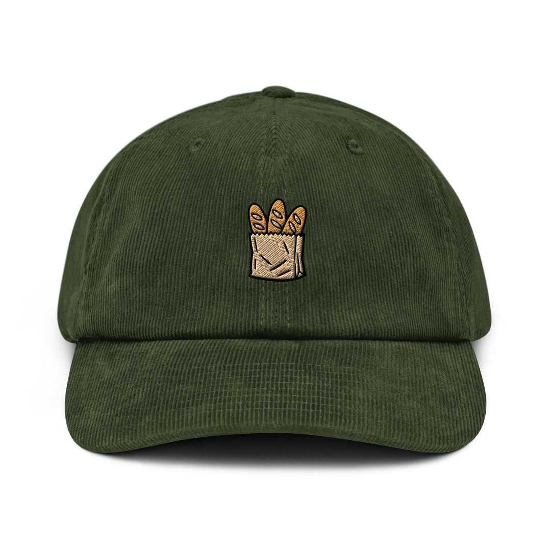 Baguette in Paper Bag Embroidered Cotton Corduroy Hat: Adjustable Fit
