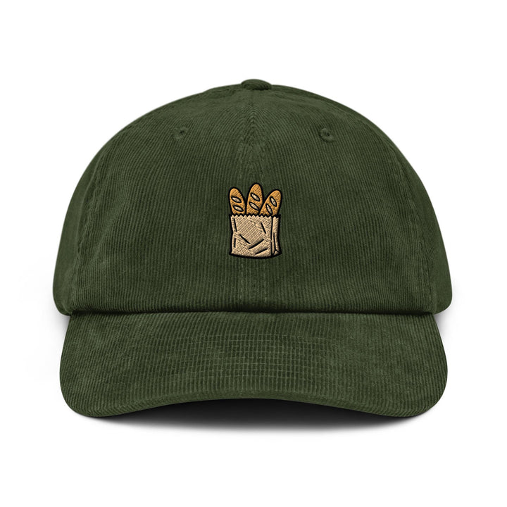Baguette in Paper Bag Embroidered Cotton Corduroy Hat: Adjustable Fit