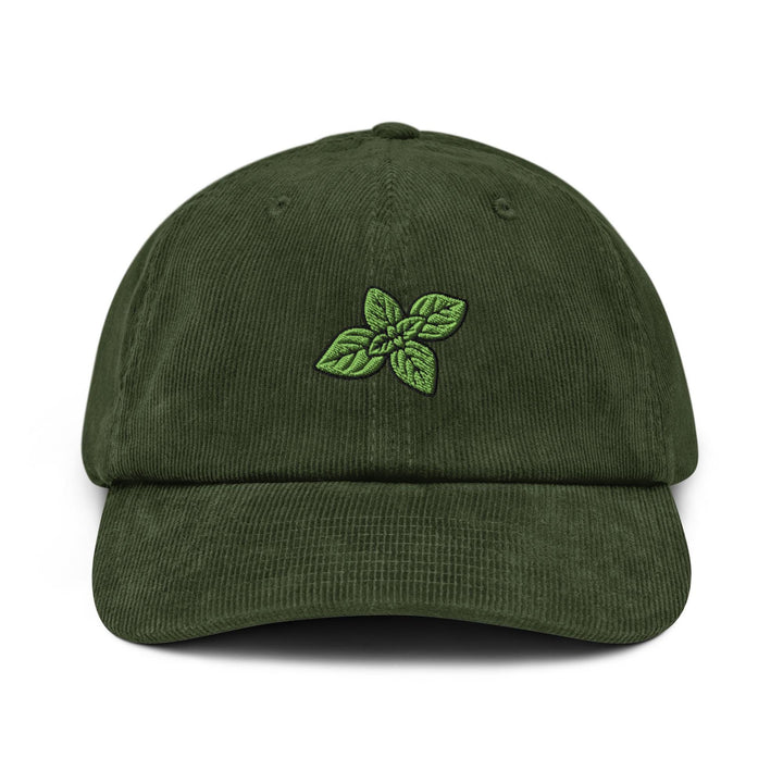Basil Leaves Embroidered Cotton Corduroy Hat: Adjustable Fit