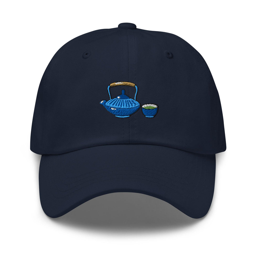 Japanese Cast Iron Teapot Embroidered Dad Cap: Chino Cotton Twill Adjustable Unisex Hat