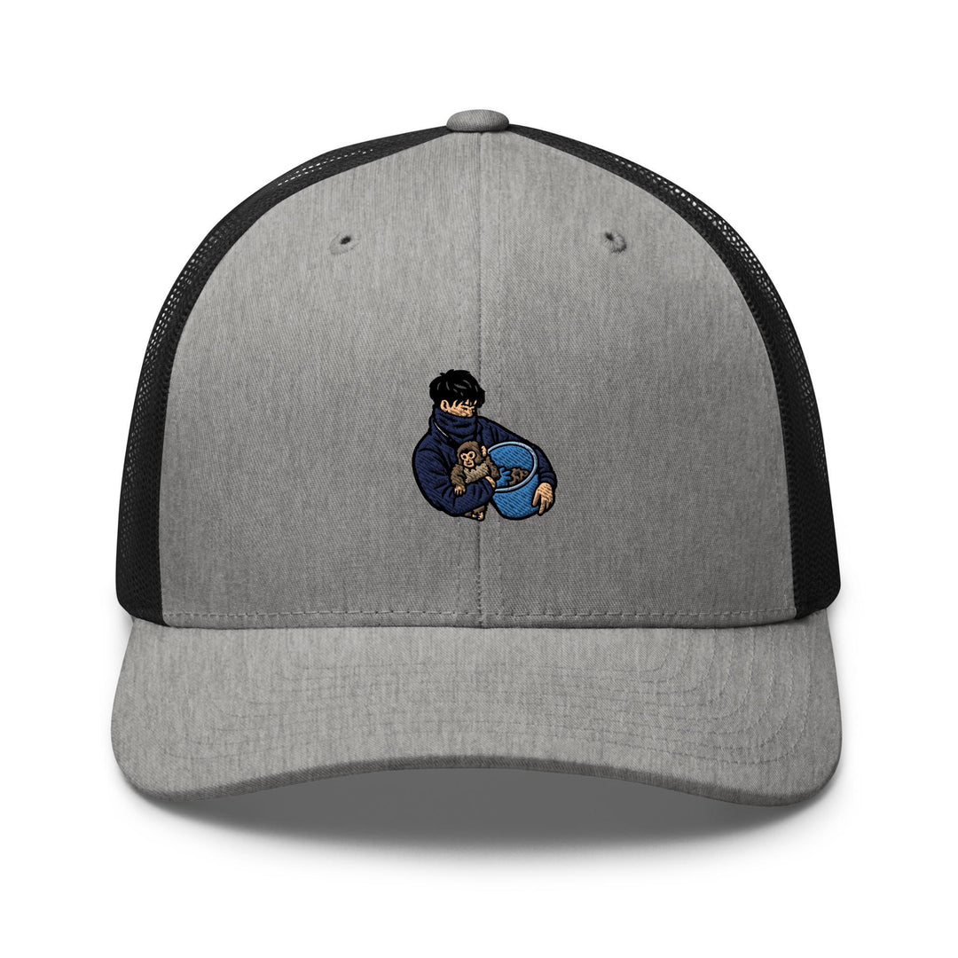 Punch Monkey &amp; His Caretaker Embroidered Trucker Hat: Structured Retro Cap with Mesh Back