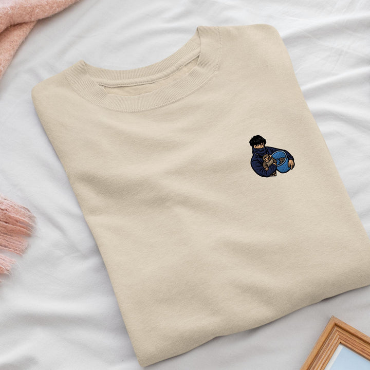 Punch Monkey &amp; His Caretaker Embroidered Crewneck Sweatshirt: Cotton Blend, Unisex Fit