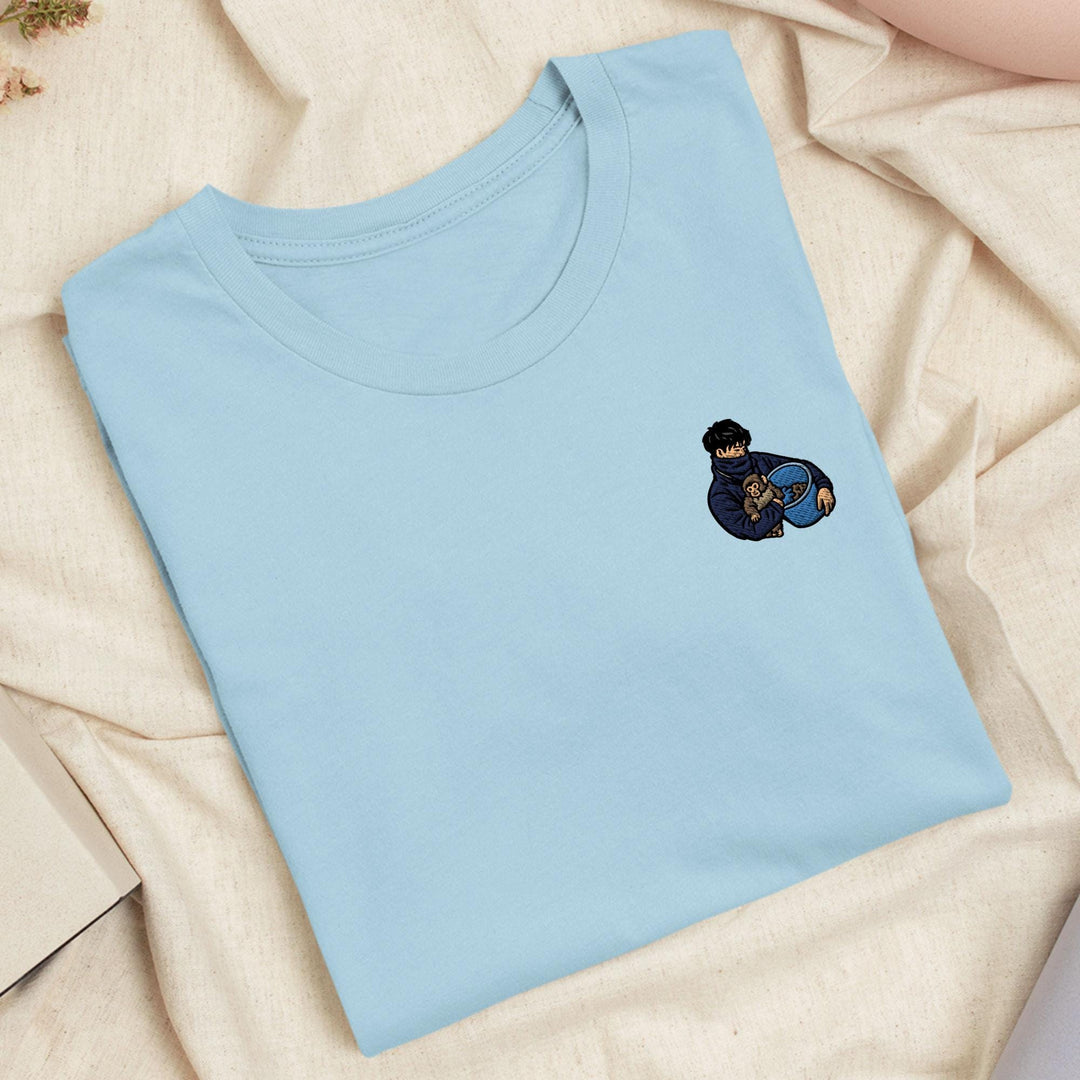 Punch Monkey &amp; His Caretaker Embroidered T-Shirt: Lightweight Cotton, Unisex Fit