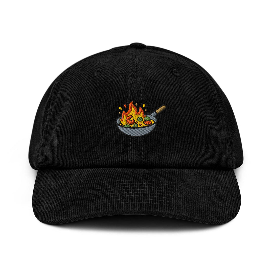 Flaming Wok Embroidered Cotton Corduroy Hat: Adjustable Fit