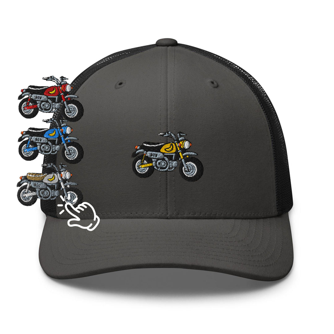 Chimp Mini Japanese Motorcycle Embroidered Trucker Hat: Structured Retro Cap with Mesh Back