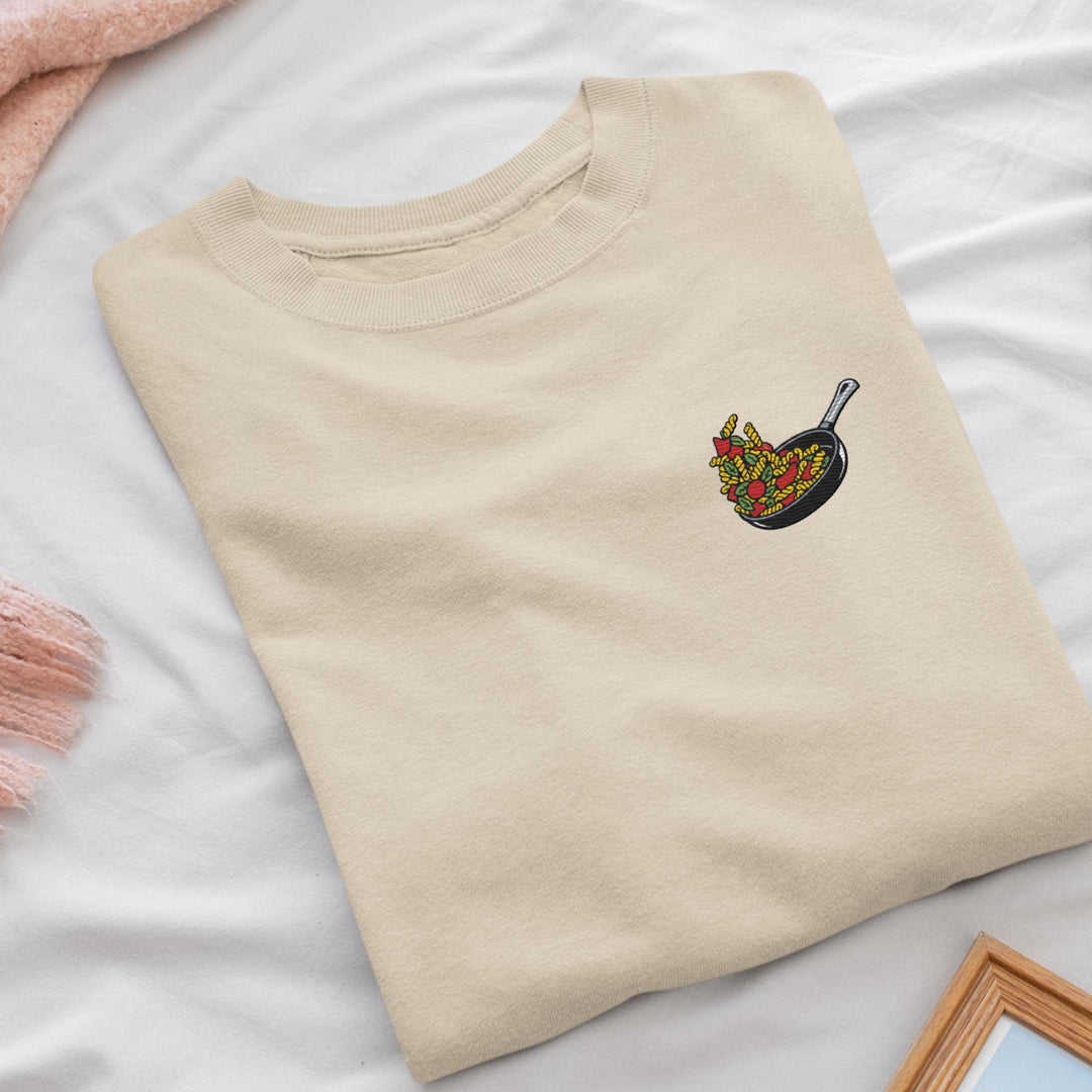 Pasta Tossing Pan Embroidered Crewneck Sweatshirt: Cotton Blend, Unisex Fit