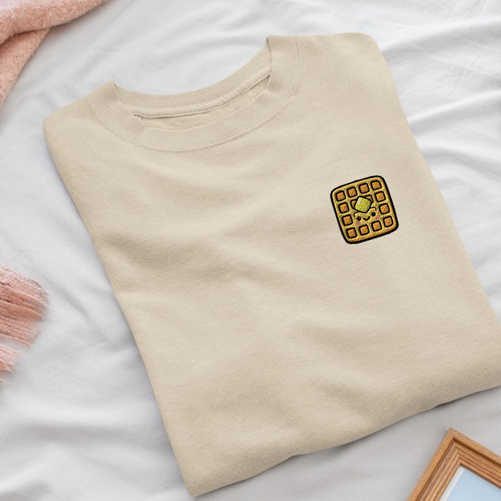 Kawaii Waffle with Butter Embroidered Crewneck Sweatshirt: Cotton Blend, Unisex Fit