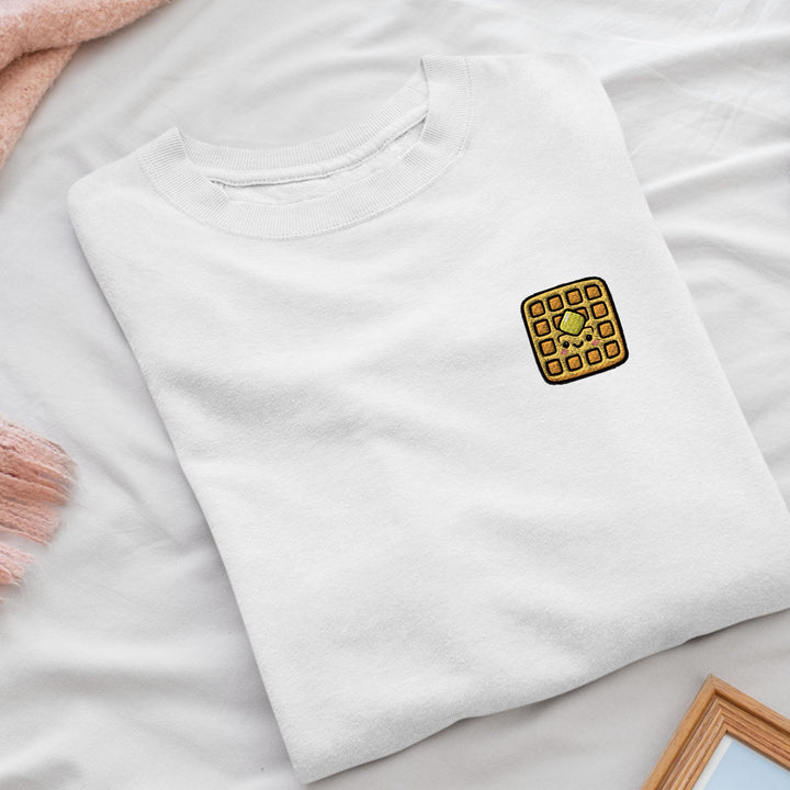 Kawaii Waffle with Butter Embroidered Crewneck Sweatshirt: Cotton Blend, Unisex Fit