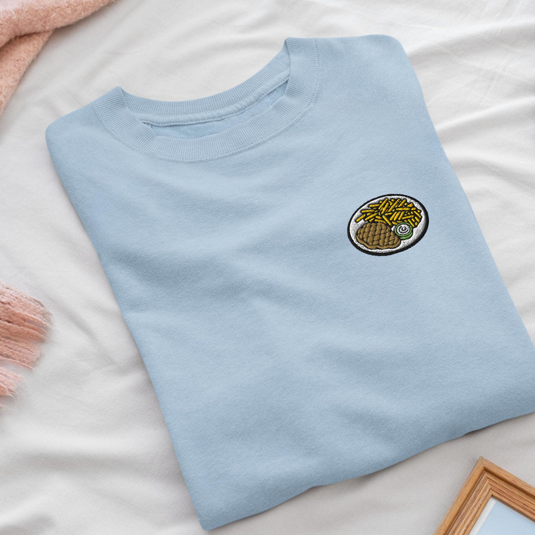 Steak and Fries Embroidered Crewneck Sweatshirt: Cotton Blend, Unisex Fit
