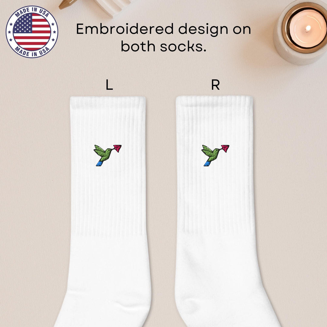 Hummingbird Embroidered Socks: Cushioned Cotton Blend, Made in USA