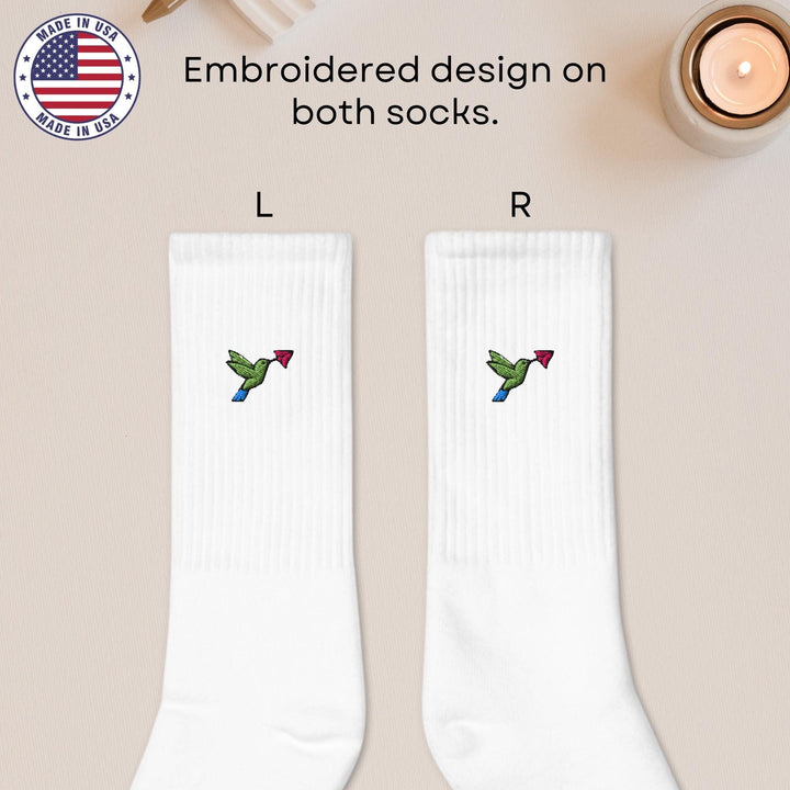 Hummingbird Embroidered Socks: Cushioned Cotton Blend, Made in USA