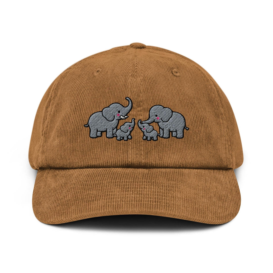 Adorable Elephant Family Embroidered Cotton Corduroy Hat: Adjustable Fit