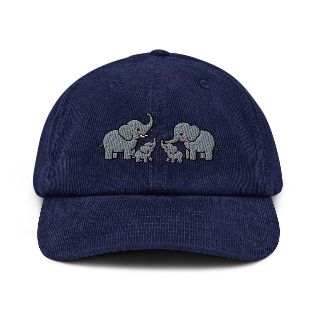 Adorable Elephant Family Embroidered Cotton Corduroy Hat: Adjustable Fit