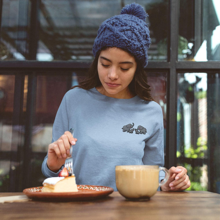 Adorable Elephant Family Embroidered Crewneck Sweatshirt: Cotton Blend, Unisex Fit
