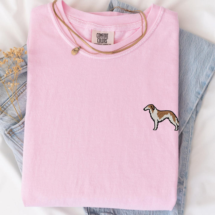 Borzoi Embroidered T-Shirt, Russian Wolfhound Left Chest Tee, Garment Dyed Sighthound Shirt, Dog Lover Gift