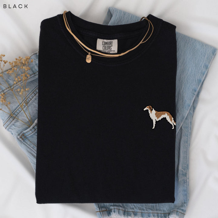 Borzoi Embroidered T-Shirt, Russian Wolfhound Left Chest Tee, Garment Dyed Sighthound Shirt, Dog Lover Gift