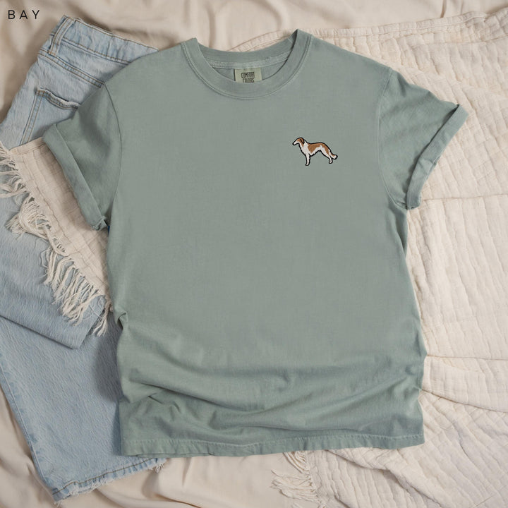 Borzoi Embroidered T-Shirt, Russian Wolfhound Left Chest Tee, Garment Dyed Sighthound Shirt, Dog Lover Gift
