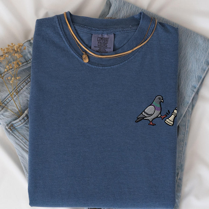 Chess Pigeon Embroidered Comfort Colors® T-Shirt, Funny Pigeon Chess Shirt, Sassy Bird Tee, Gift for Chess Player