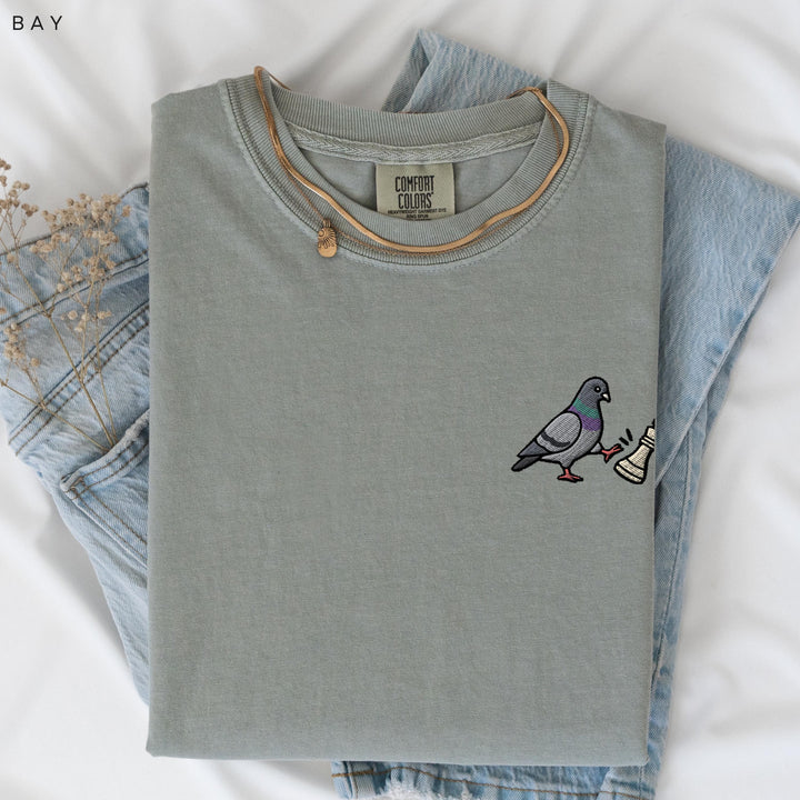 Chess Pigeon Embroidered Comfort Colors® T-Shirt, Funny Pigeon Chess Shirt, Sassy Bird Tee, Gift for Chess Player