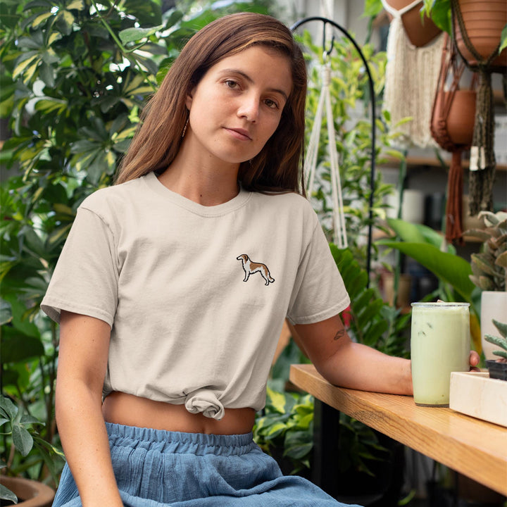 Borzoi Embroidered T-Shirt, Russian Wolfhound Left Chest Tee, Garment Dyed Sighthound Shirt, Dog Lover Gift