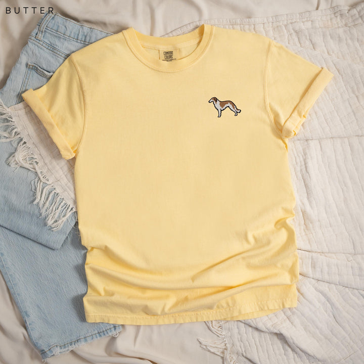Borzoi Embroidered T-Shirt, Russian Wolfhound Left Chest Tee, Garment Dyed Sighthound Shirt, Dog Lover Gift