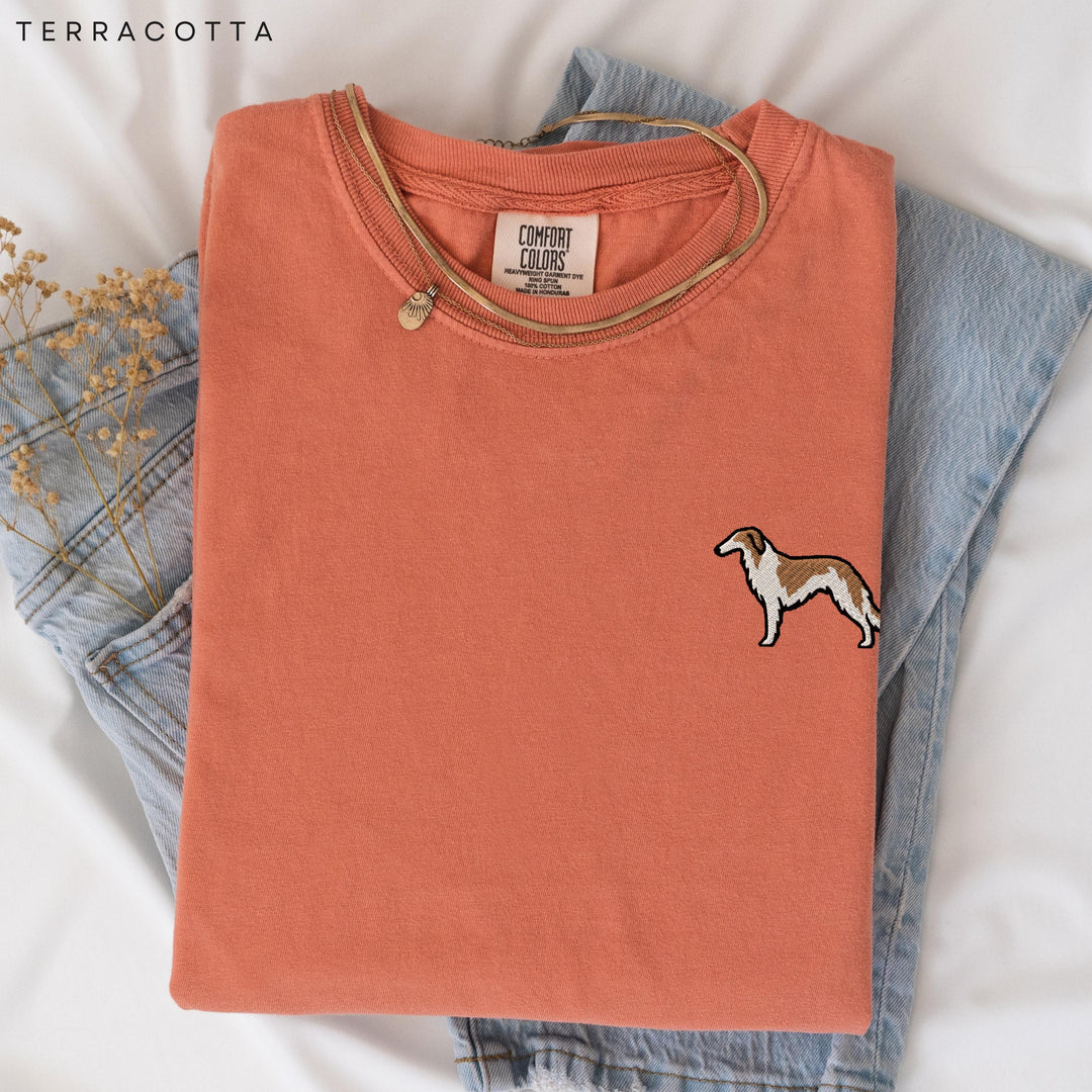 Borzoi Embroidered T-Shirt, Russian Wolfhound Left Chest Tee, Garment Dyed Sighthound Shirt, Dog Lover Gift