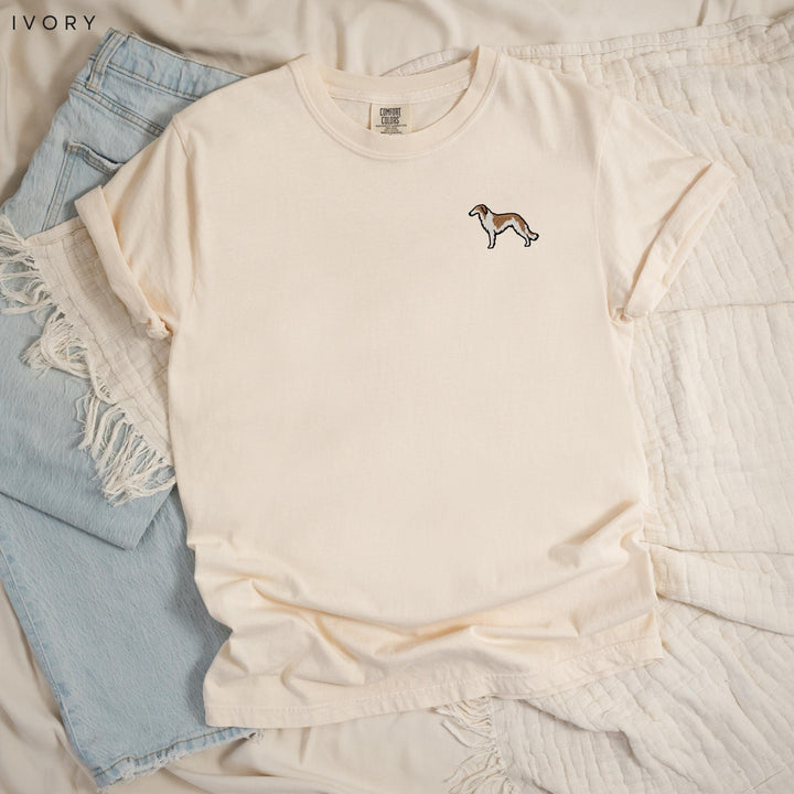 Borzoi Embroidered T-Shirt, Russian Wolfhound Left Chest Tee, Garment Dyed Sighthound Shirt, Dog Lover Gift