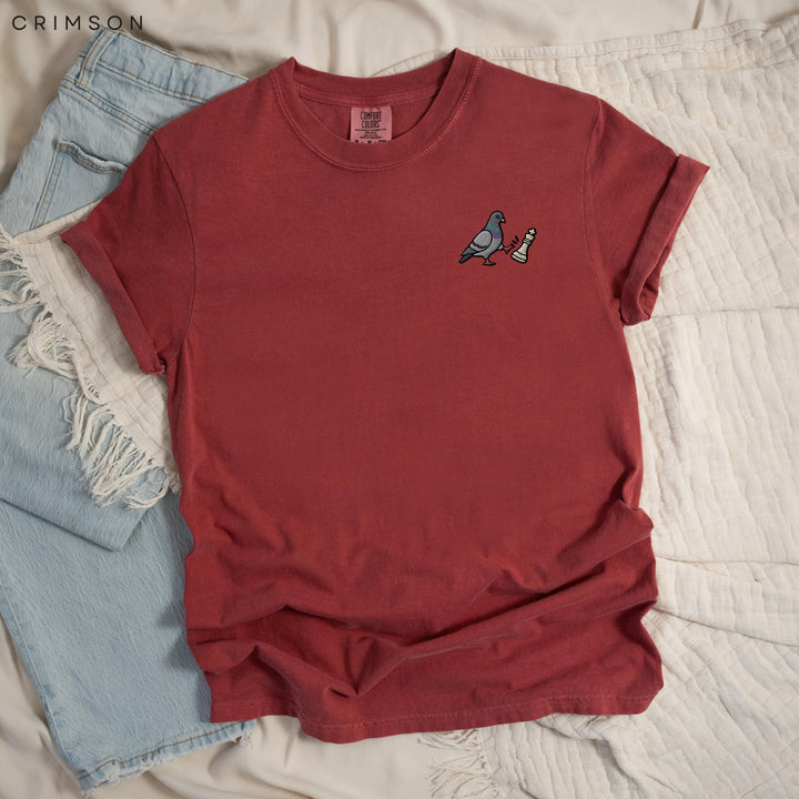 Chess Pigeon Embroidered Comfort Colors® T-Shirt, Funny Pigeon Chess Shirt, Sassy Bird Tee, Gift for Chess Player